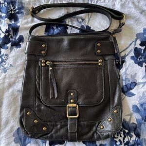 Tano Vintage Boho Black Leather / Brass Studded Crossbody Handbag